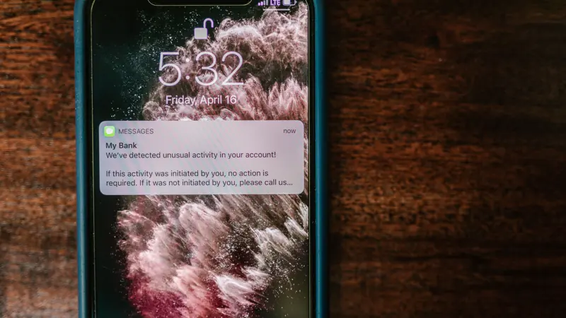 Phone showing a bank alert about unusual account activity